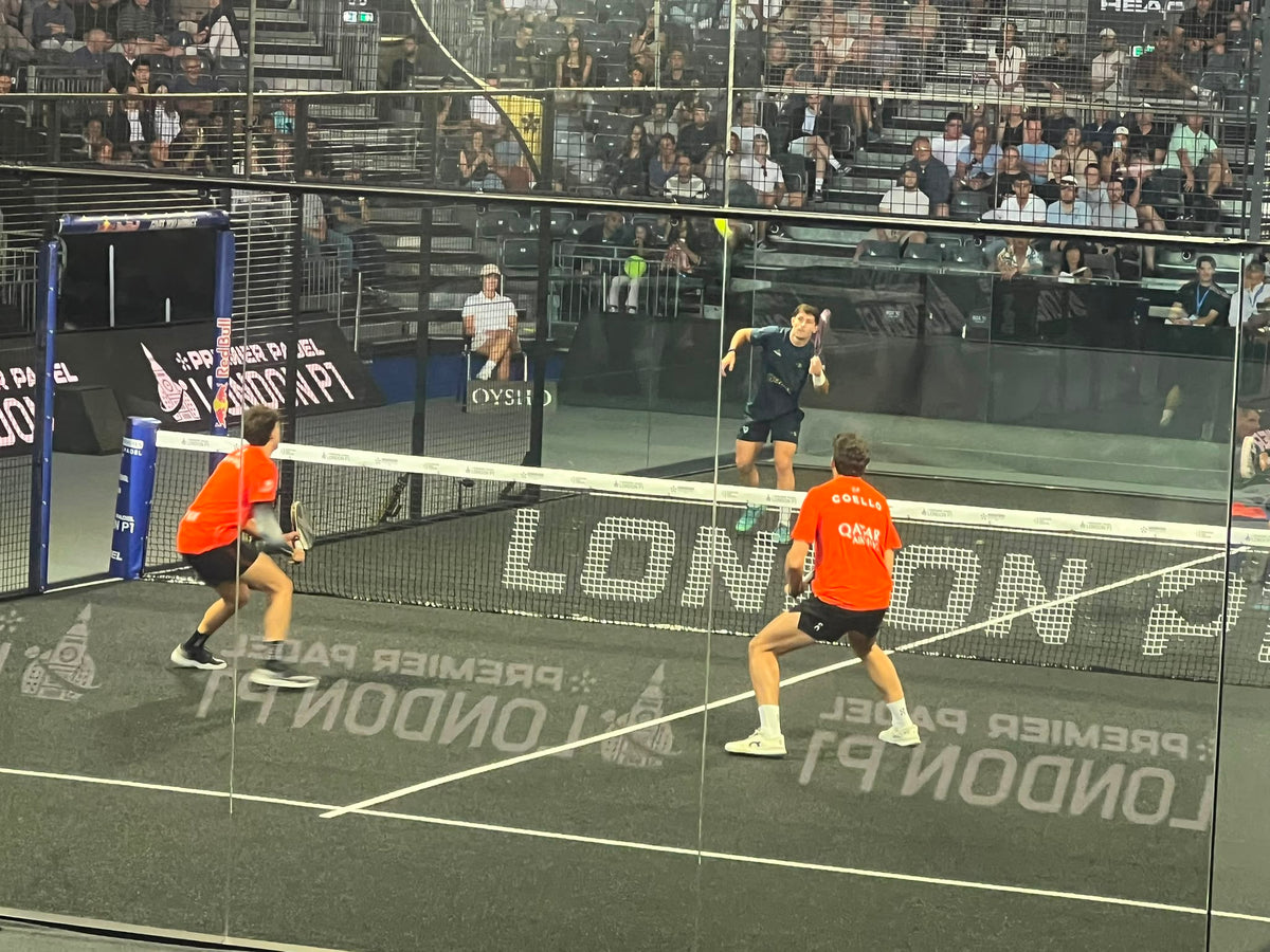Professional players (Tapia and Coello) competing on Centre Court at the London Premier Padel P1 at Olympia