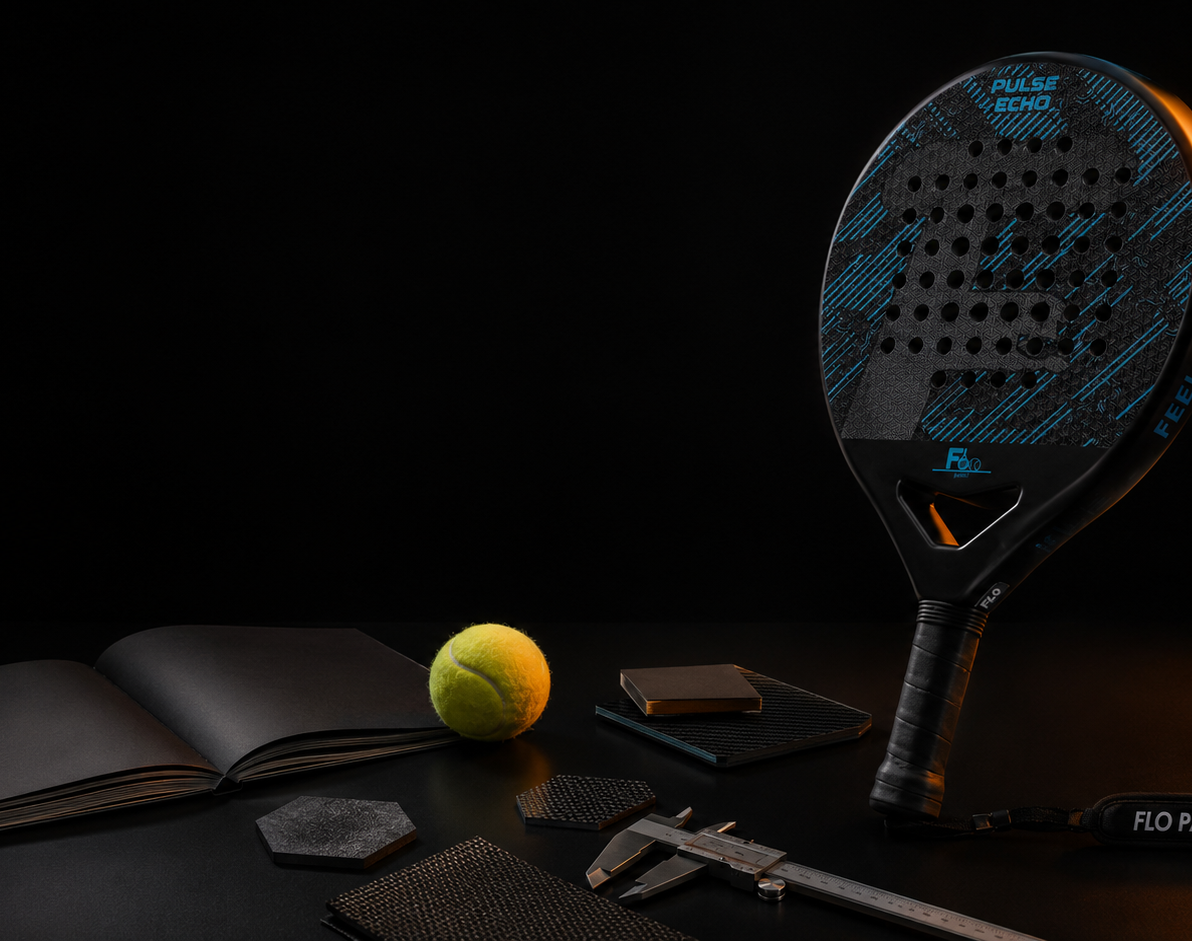 A black and blue paddleboard racket with a yellow tennis ball, an open book, and various accessories arranged on a dark surface against a black background.
