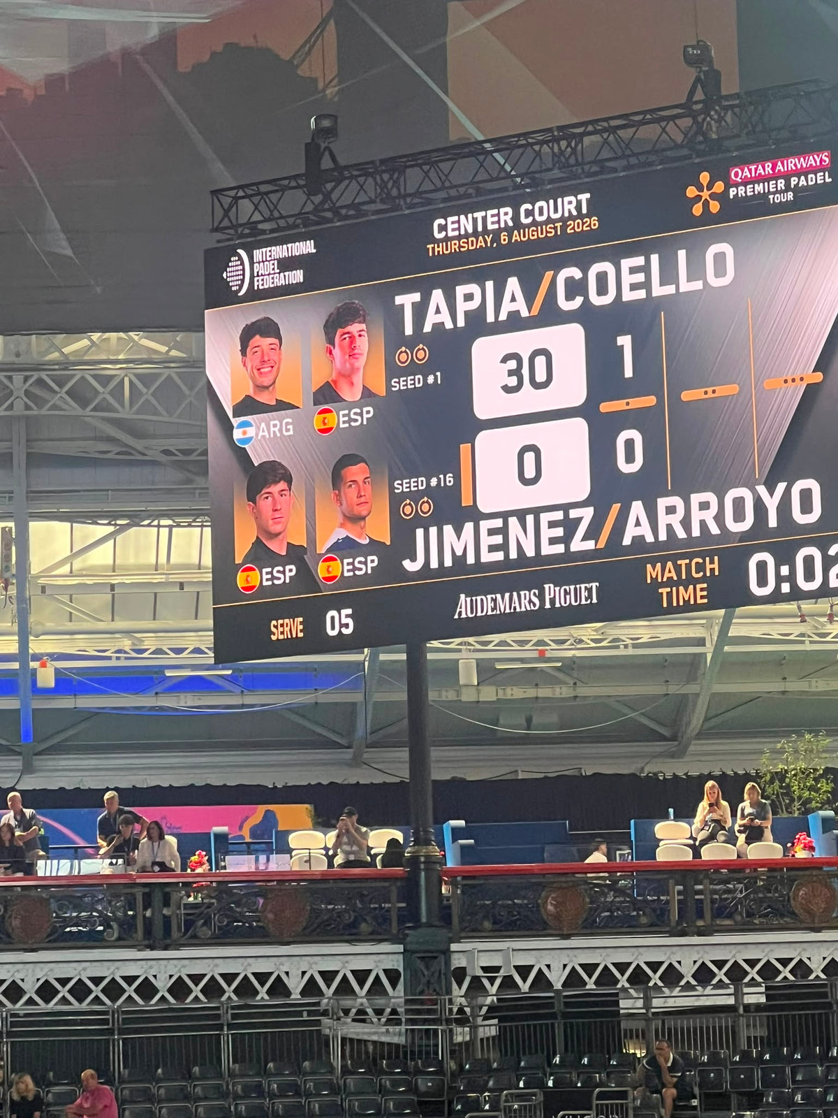 Centre Court scoreboard inside Olympia during the London Premier Padel P1