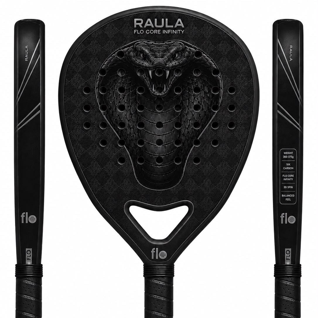 Black Raula pickleball paddle set shown from multiple angles, including the paddle face with a raised snake graphic, the paddle edge, the paddle back, and a matching black wrist strap, all on a white background.